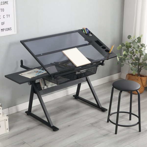 Inbox Zero Adjustable Tempered Glass Drafting Printing Table With